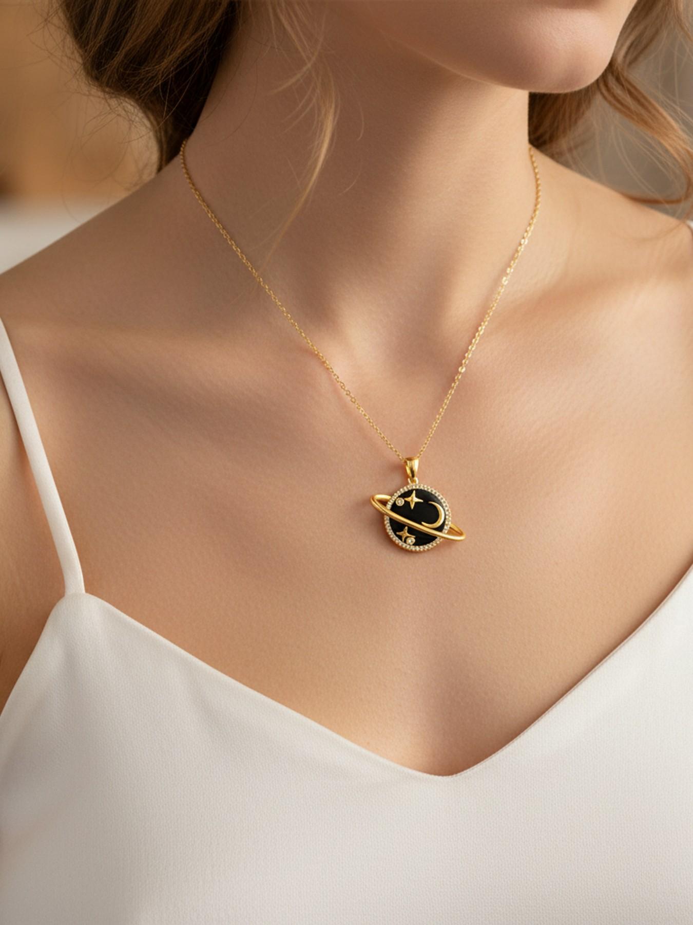 Diamond Saturn Pendant Necklace, 18k Gold Plated Low Allergy, Ideal Jewelry Gift for Mother's Day, Anniversary, Includes Gift Box