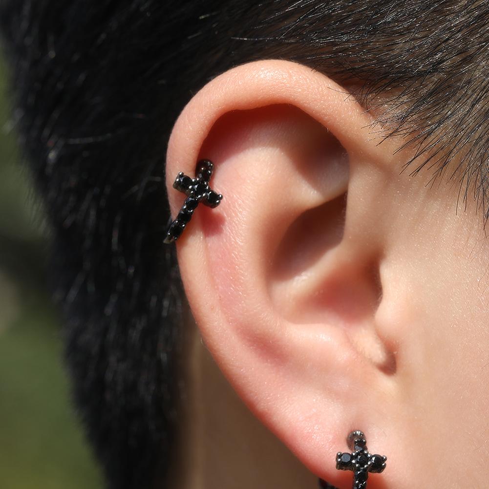 Classic hip-hop minimalist men's earrings, unique black spiral clasp cross earrings, zirconia earrings