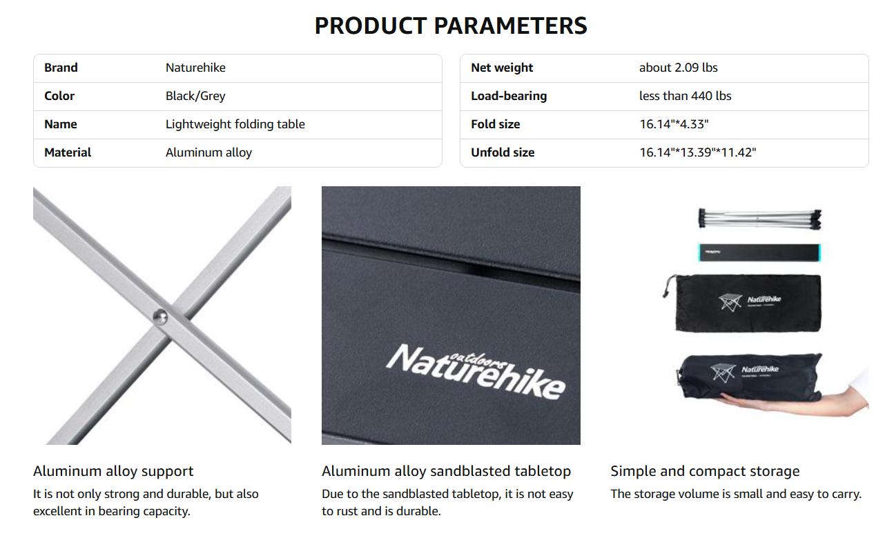 Naturehike Portable Camping Table with Aluminum Hard Top – Lightweight, Folding, Hard-Top for Picnic, Beach, Boat, Cooking & Dining, Easy to Clean camping, stool Hiking Essentials