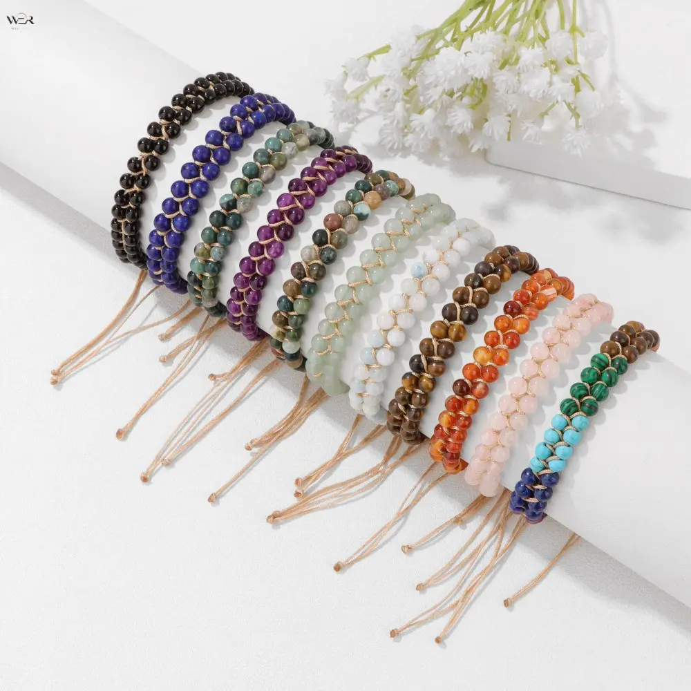 4mm Natural Stone Double Row Beaded Braided Bracelet for Women Men, Adjustable Handmade Woven Rope Crystal Bead Bracelet, Boho Multicolor Healing Stone Stackable Bracelets, Multiple Gemstone Options Daily Jewelry Gift