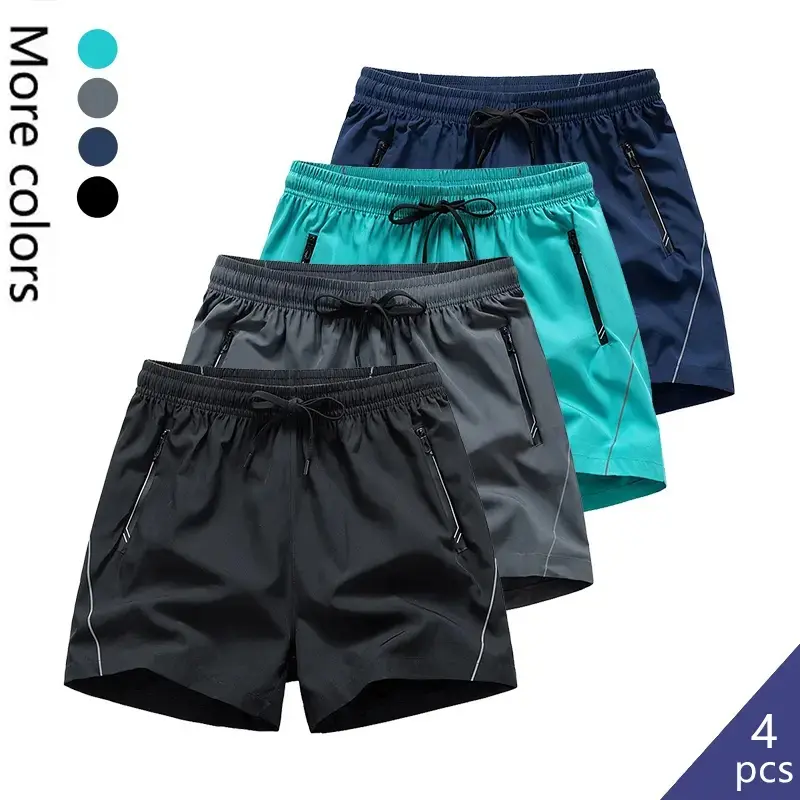 Men's solid-color casual shorts, 4-pack, featuring zippered pockets and a stylish drawstring design; comfortable and breathable, suitable for fitness and outdoor activities.