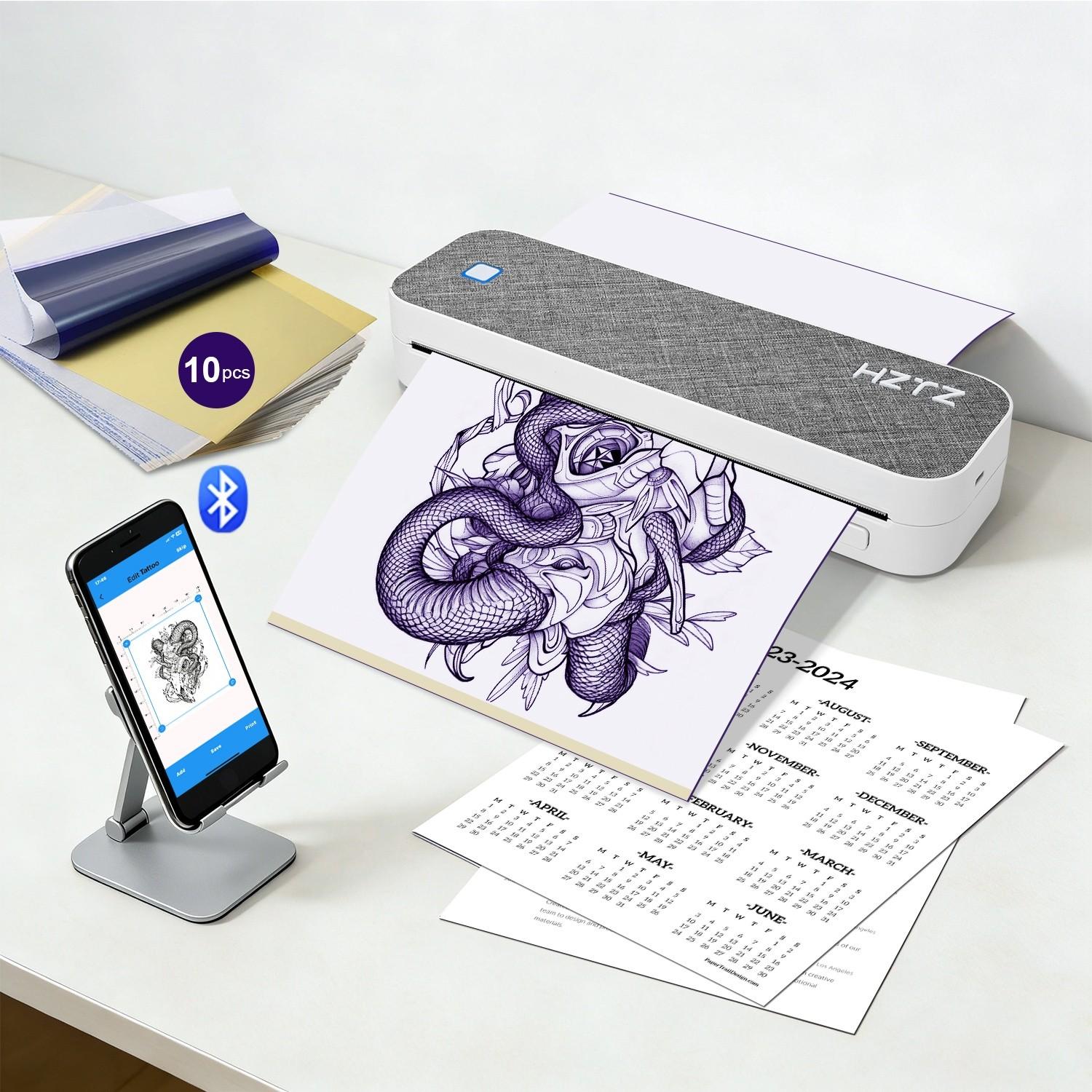 HZTZ Portable Bluetooth-compatible Tattoo Template Printer D80, Includes 10 A4 Transfer Papers, Supports Thermal Paper, Compatible with iOS, Android, PC