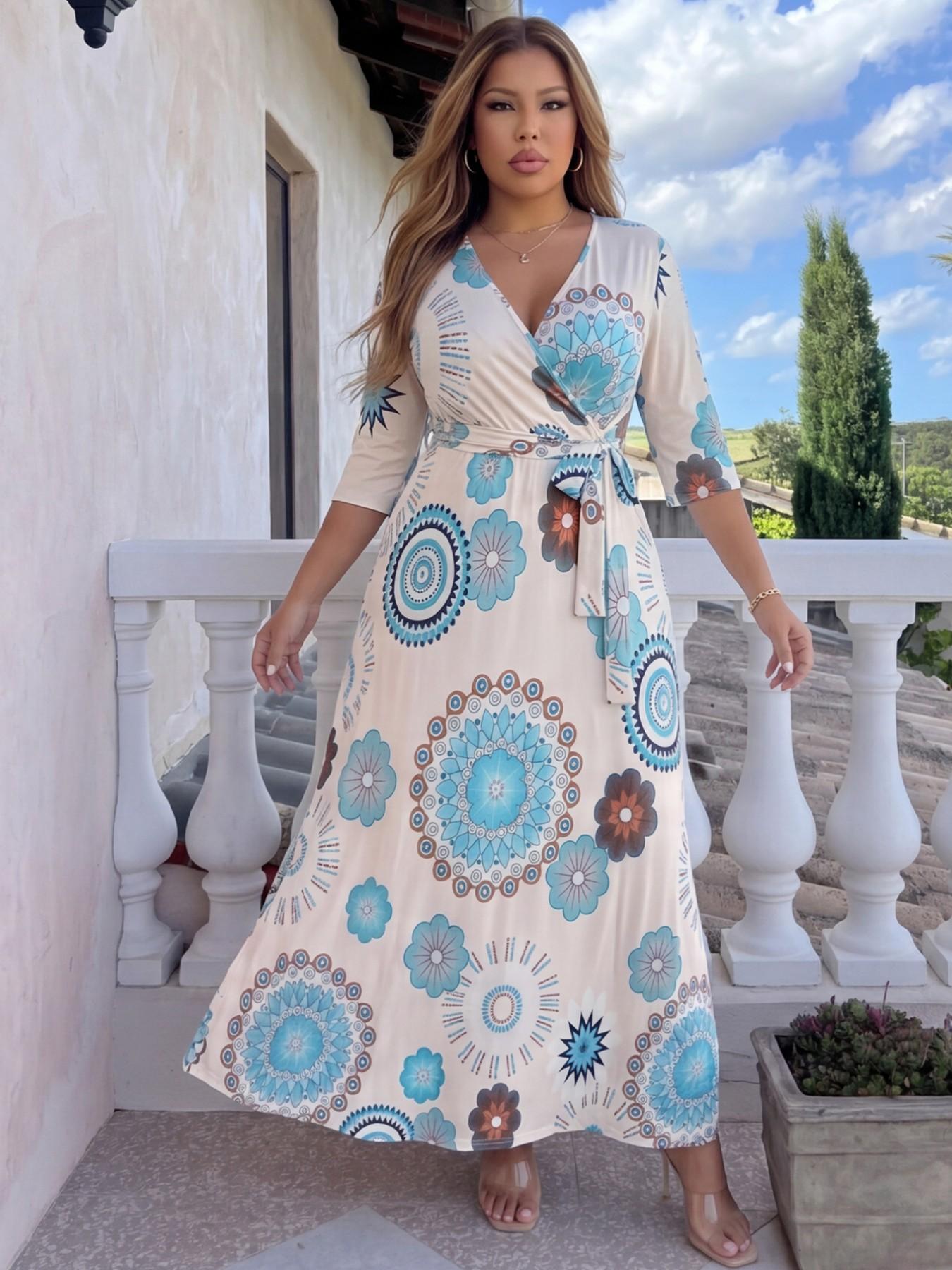 Plus Size Boho Mandala Floral Print Maxi Dress, Deep V Neck 3/4 Sleeve, Wrap Tie Waist, Flowy Adjustable Casual Dress, Multiple Colors Available