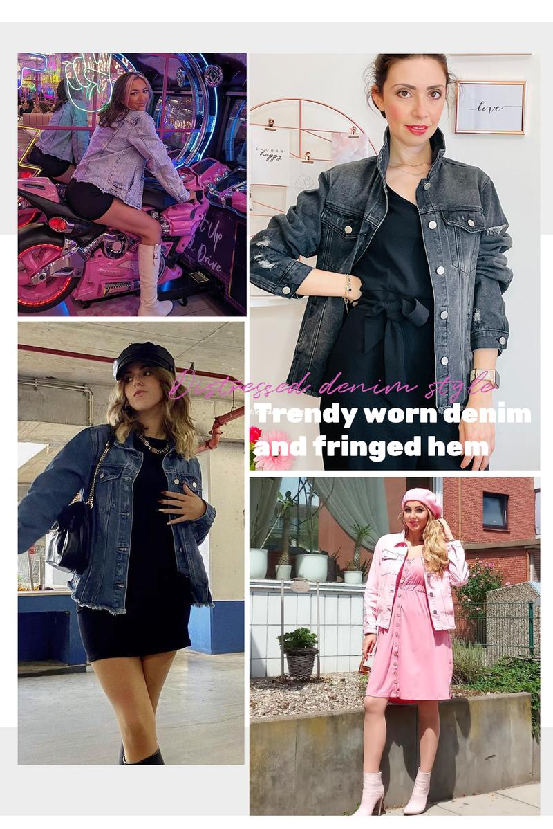 EVALESS Women's Casual Short Jean Jackets Non Stretch Distressed Ripped Boyfriend Washed Coats Lapel Long Sleeve Denim Jacket Outwear Tops 2026 Womenswear Spring Winter Outfits