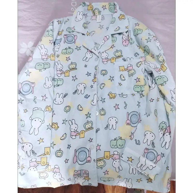 Kawaii Miffy Long Sleeve Sleepwear Set Cotton Lightweight Cute Cartoon Rabbit K-trend Loose Fit Pajamas for Women Cozy Home Wear
