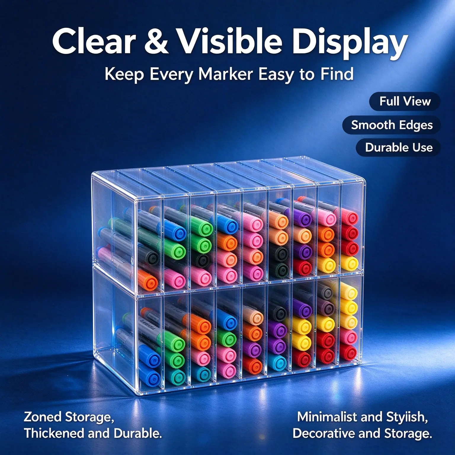 Stackable Acrylic Marker Storage Box, Transparent Desk Organizer, Multi-Use Pencil Holder, Blue Green White Marker Case