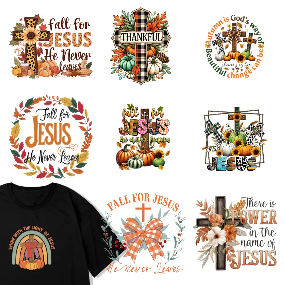 9 Pcs Fall Jesus Thankful Cross Autumn God Fall Jesus Jesus Pumpkin Cross Pumpkins Shine Jesus Fall Jesus Power Jesus Iron on Transfers for Clothing T-Shirt Jeans Applications Transfers Sticker On Clothes Iron On Transfer Patches