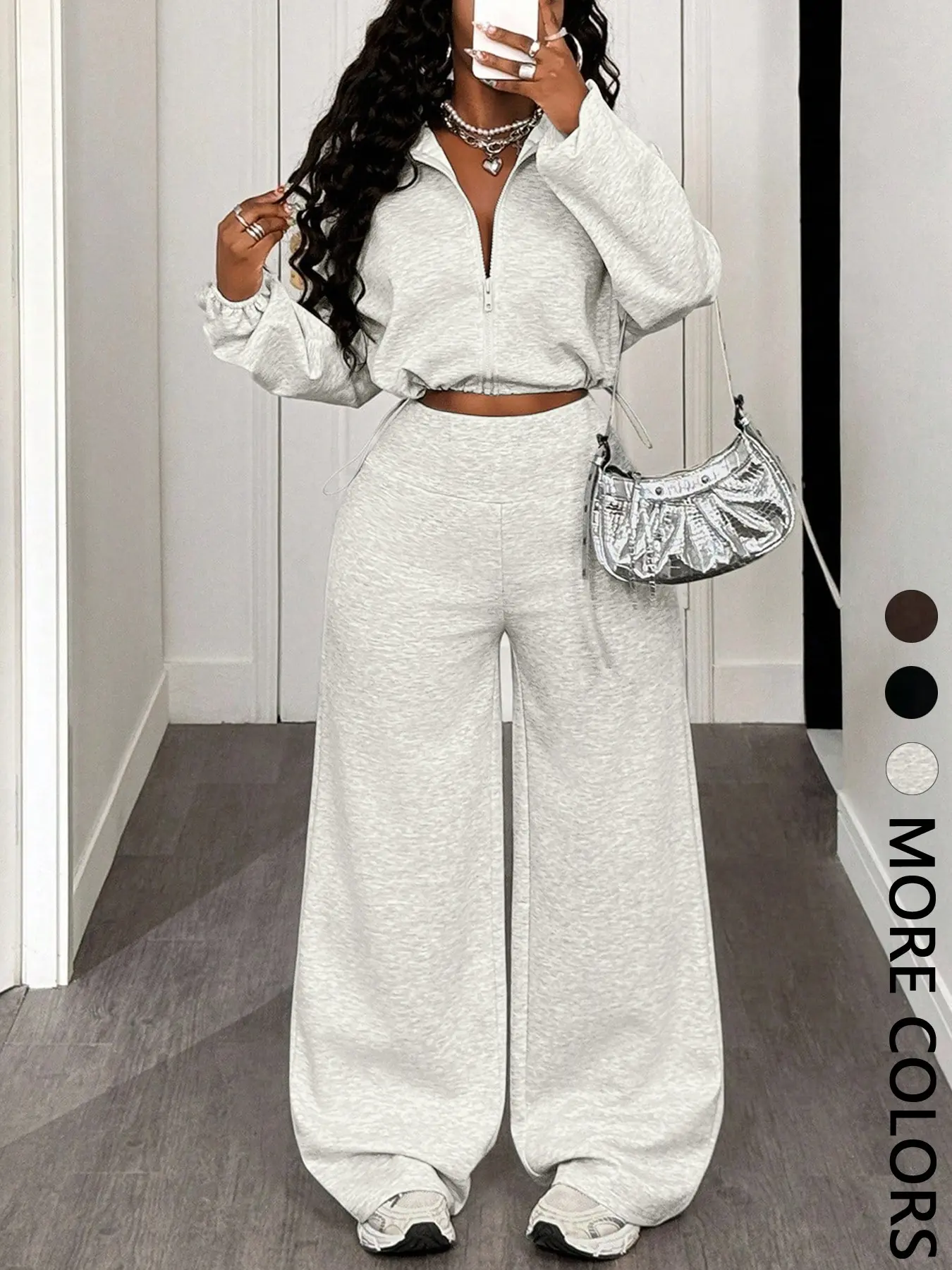Women's 2-Piece Set: Half-Zip Drawstring Top + Wide-Leg Pants, Loose Fit Long Sleeve Pullover, Casual Daily Wear, Sporty & Holiday Style