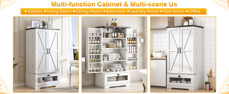 47" Pantry Cabinets with Adjustable Shelves and Drawer, Farmhouse Kitchen Pantry Storage Cabinet, Buffet Cupboards Sideboard for Kitchen, Dining Room, Living Room Use