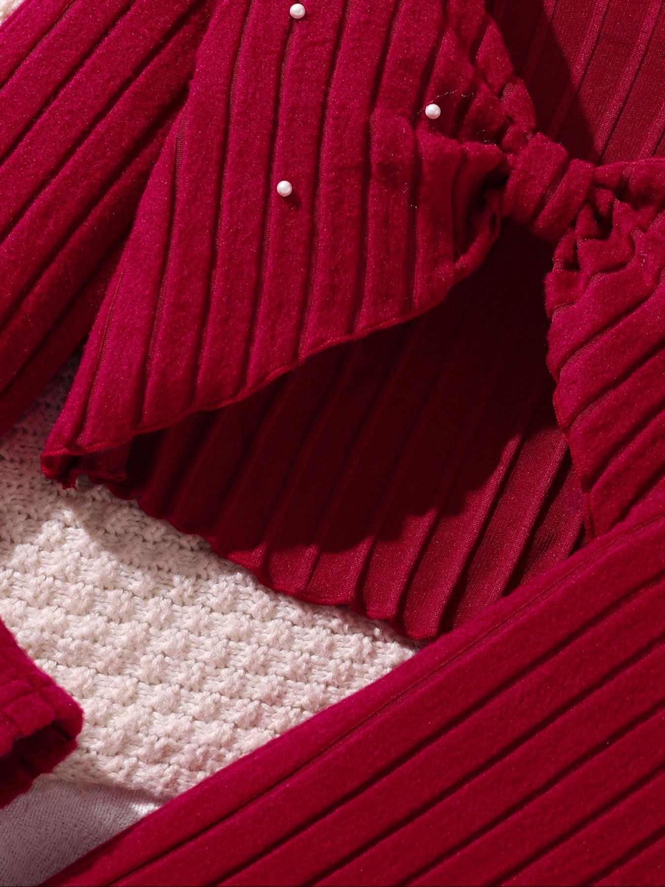 Christmas Girl Pearl Embellished Knit Bow Design Long Sleeve Short Top with Slim Fit Dress Fashion Comfort Set