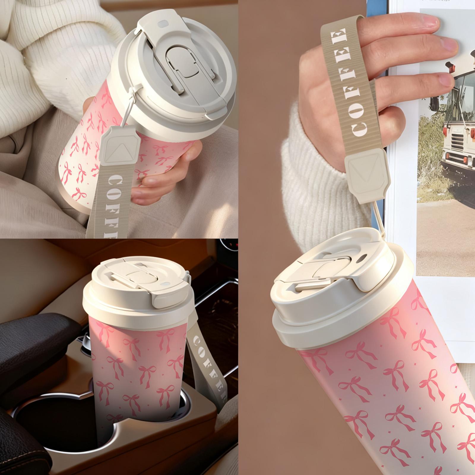 1 Pc insulated mug pink bow ribbon vacuum cup, Vacuum insulated flask, double wall stainless steel leak-proof travel coffee tumbler, tumbler for hot cold drinks, keeps warm 12 h/cold 24 h, 18oz pink thermal mug for women, holiday gift