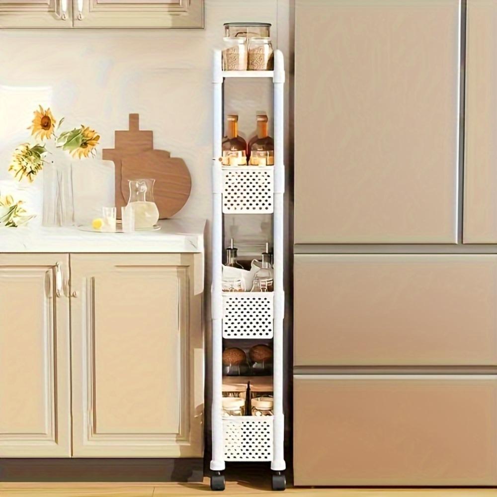 Space-saving narrow storage cabinet, 13.0 cm wide - multi-layer metal storage rack, floor-standing organizer, suitable for gaps in bathrooms and kitchens, without metal tubes, available in black/white, perforated design, sturdy frame structure