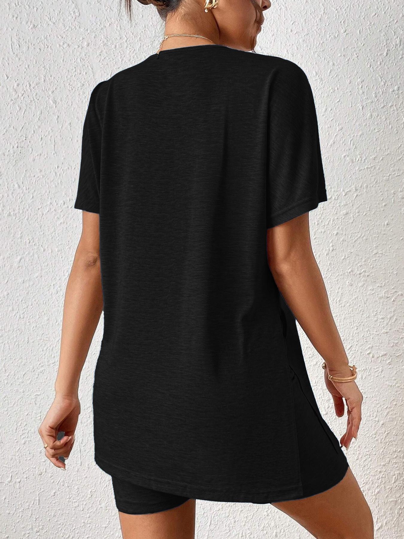 Women's Summer Casual Set, Plain Comfortable Split Two-Piece, Batwing Sleeve Round Neck T-Shirt + Tight Short Pants, Youthful Trendy