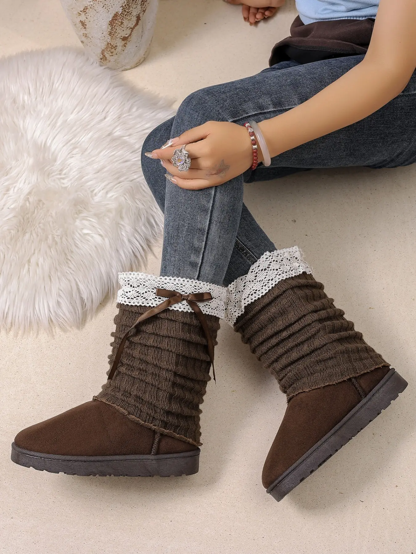 European Style Lace Butterfly Knot Snow Boots, Knit Pleated Boot Cuff Drawstring Design, Flat Sole Lined Warm Winter Women's Mid-Calf Boots