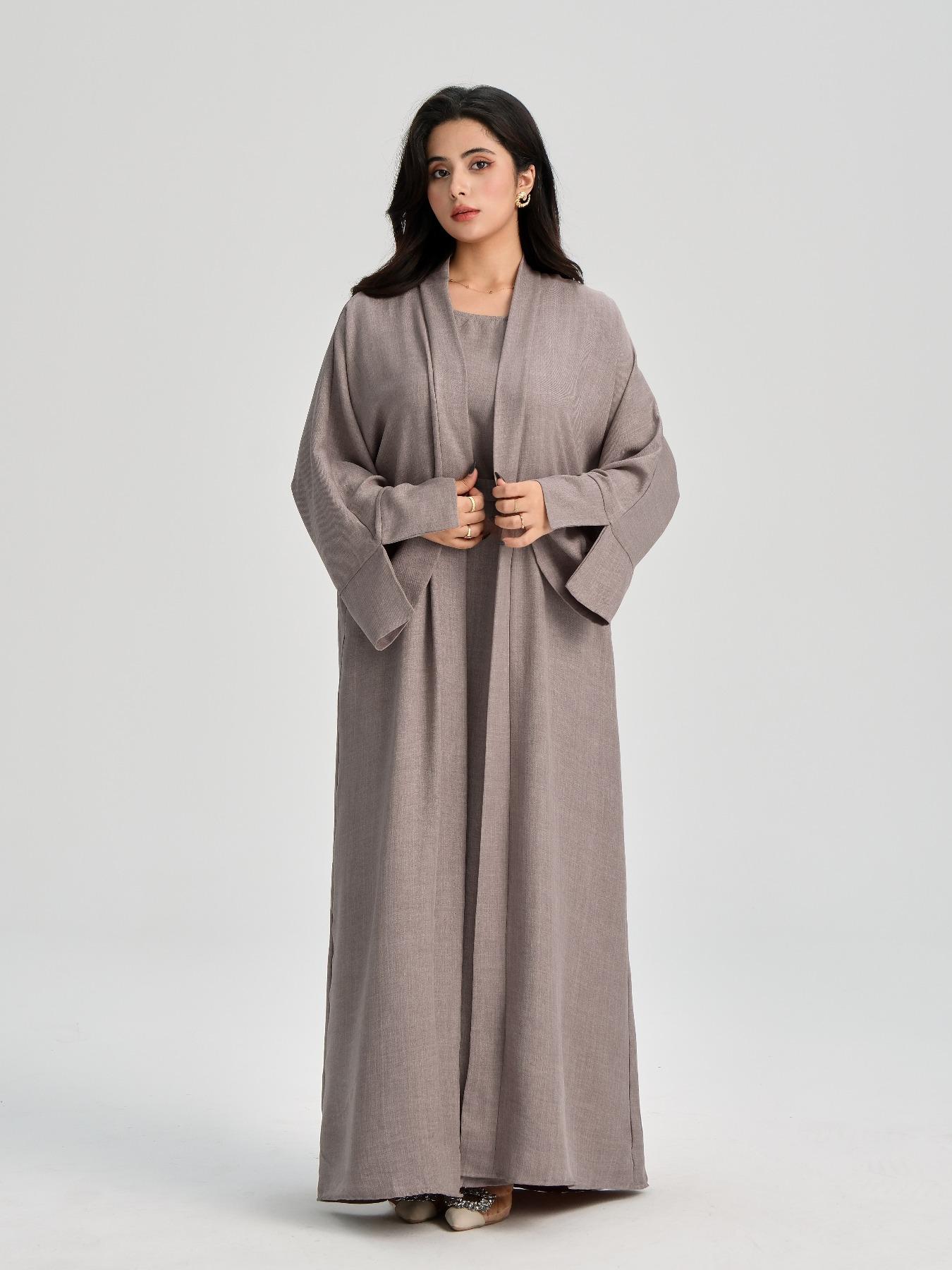 Women's Solid Color Belted Abaya & Dress Two-piece Set, Casual Long Sleeve Open Front Outerwear & Dress Set, Modest Muslim Outfits, Ladies Islamic Clothing for All Seasons