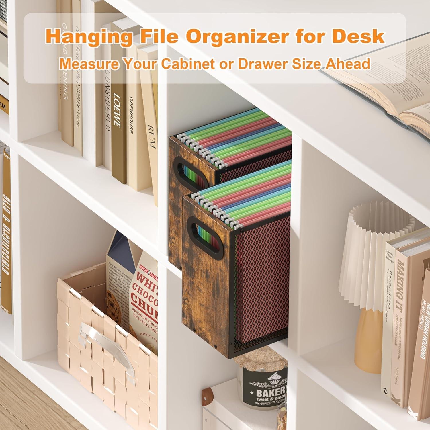 Wooden Hanging File Organizer Box, Metal Mesh Folder Storage Bin with Handle, Suitable for Home Office Desk, Office Supplies, Office Accessories