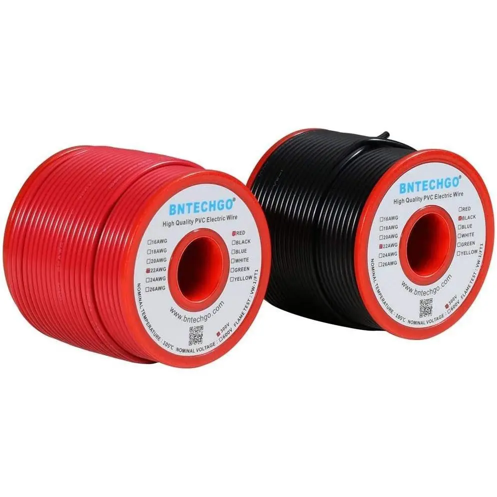 BNTECHGO 22 Gauge PVC Solid Electric Wire Red Black Each 100 ft Hookup Wire