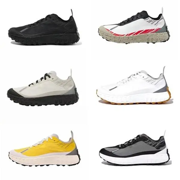 A variety of cross-country running shoes for men and women with label 001