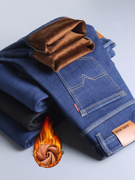 Men's Fleece Lined Thick Denim Jeans, Loose Straight Leg Elastic Big Size Business Casual Pants for Fall Winter, Comfortable & Stylish