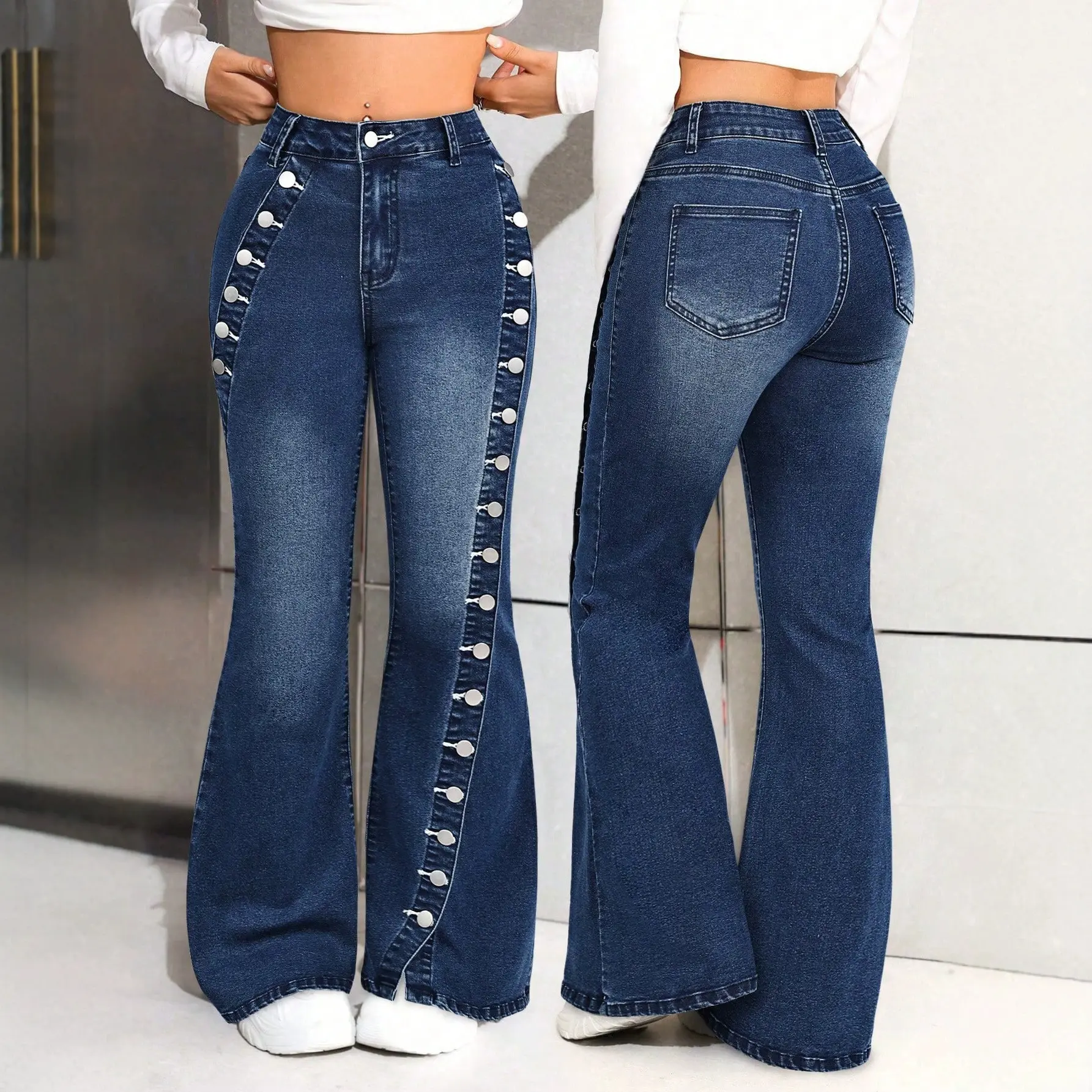 Women High Waist Flare Jeans Side Button Slit Split Hem Stretch Denim Pants Slim Fit Long Bootcut Jeans