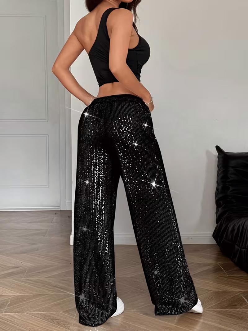 Women's Fashion Pants with Elastic Waistband,  Sequins Detailing, Stylish Long Trousers for Casual Wear