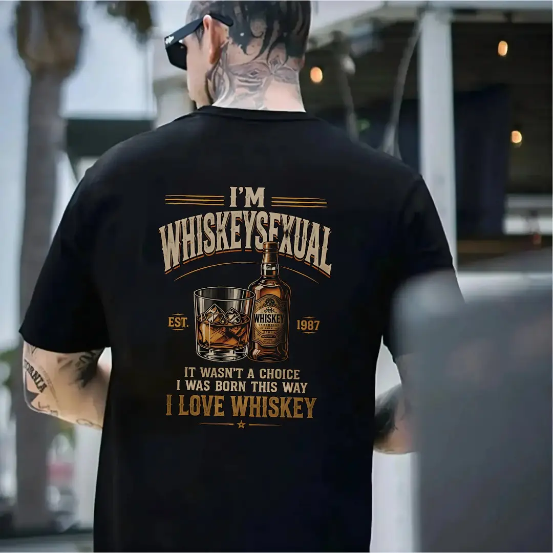 Casual Humor Graphic, I'm Whiskeysexual I Love Whiskey Quote, 100% Cotton Unisex Tee, Whiskey Lover Slogan Design, Summer Outdoor Casual Wear, Men Women Whiskey Enthusiasts Gift