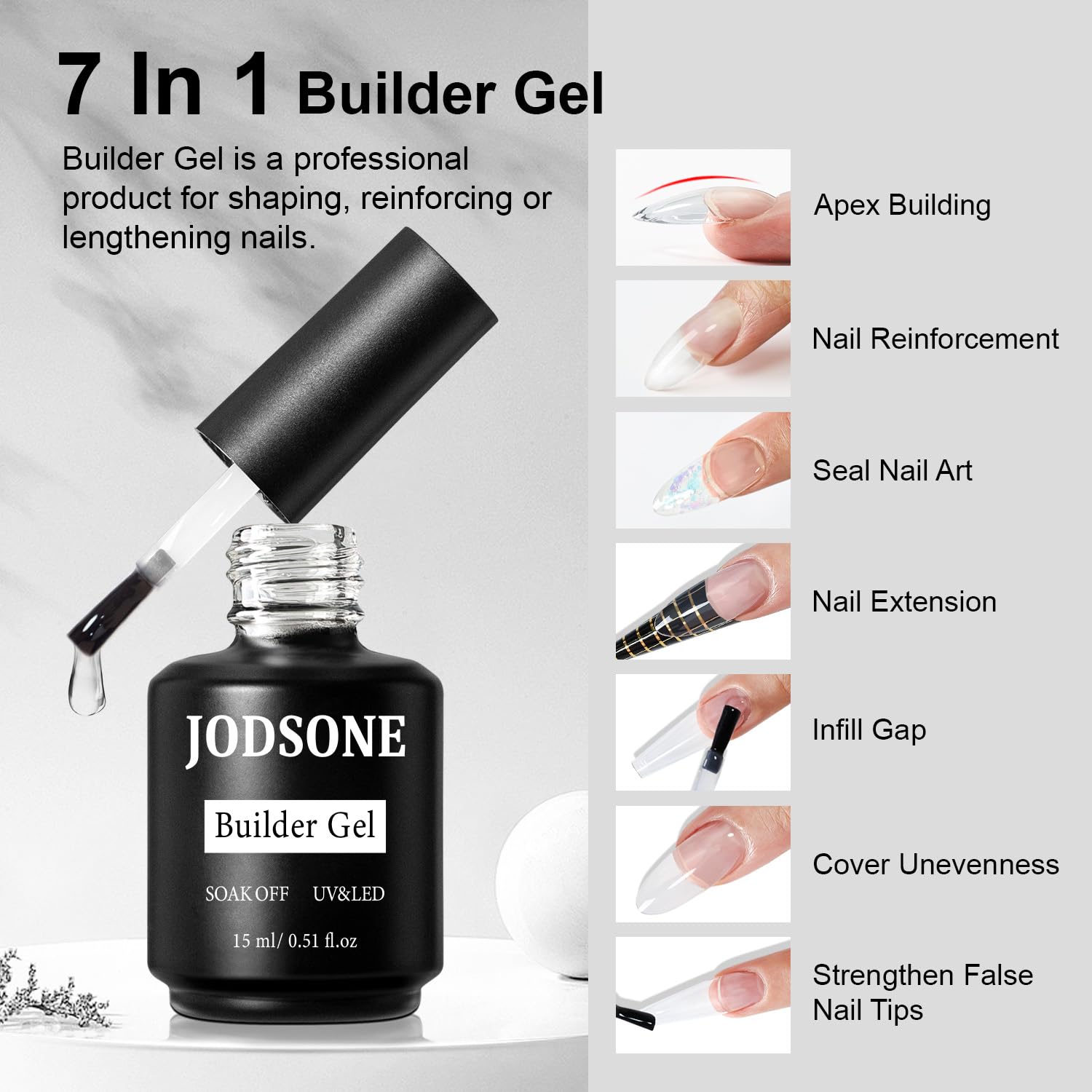 JODSONE 15ML Base Coat Top Coat & Builder Gel 3 PCS Gel Polish Set for Salon & Home Use Nail Care Manicure Kit