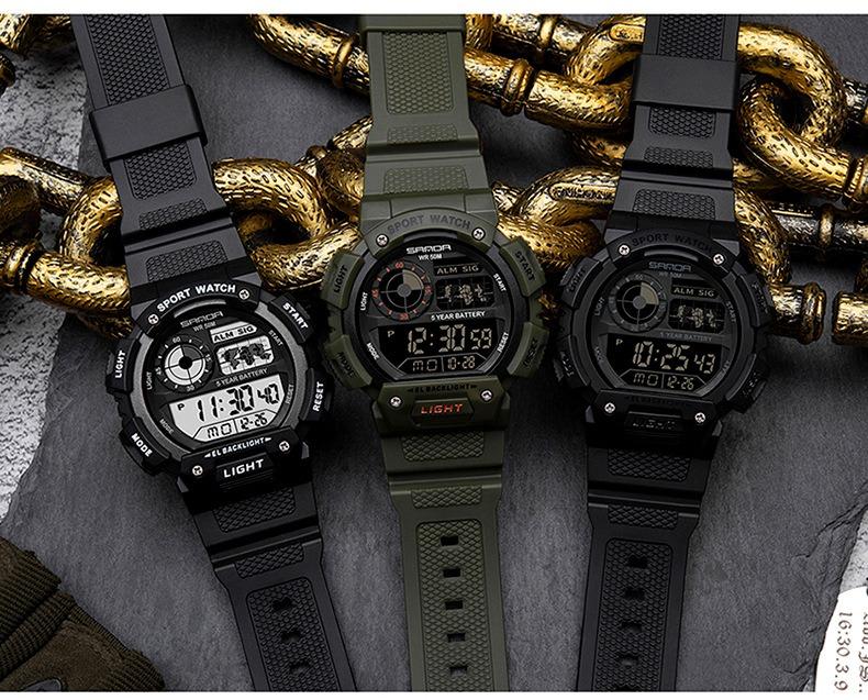 Sanda Fashion Waterproof Digital Watch for Youth, Dual Time, Stopwatch, Alarm, Luminous, Week Date, 12/24h, Casual Style, All Seasons