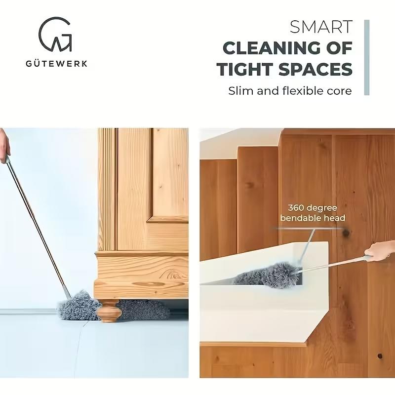 1-in-1 Retractable Extension Pole & Dusting Brush with Ergonomic Handle - Heavy-Duty Telescopic Pole, Washable Microfiber Heads for Wet/Dry Use, Multi-Purpose Ceiling/Furniture Cleaning - Space-Saving Duster, Ceiling Fan Duster for Hard-to-Reach Area