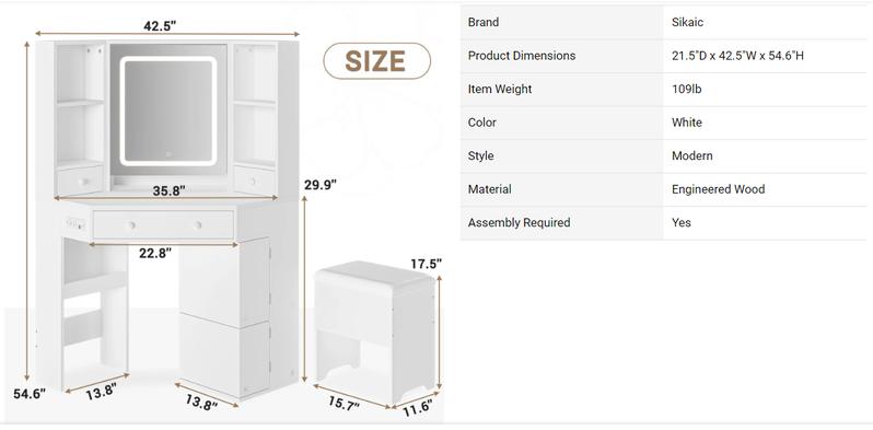 Sikaic Corner LED Makeup Vanity Desk With Storage Stool And Charging Station Mirror Drawers, Rotating Shelves