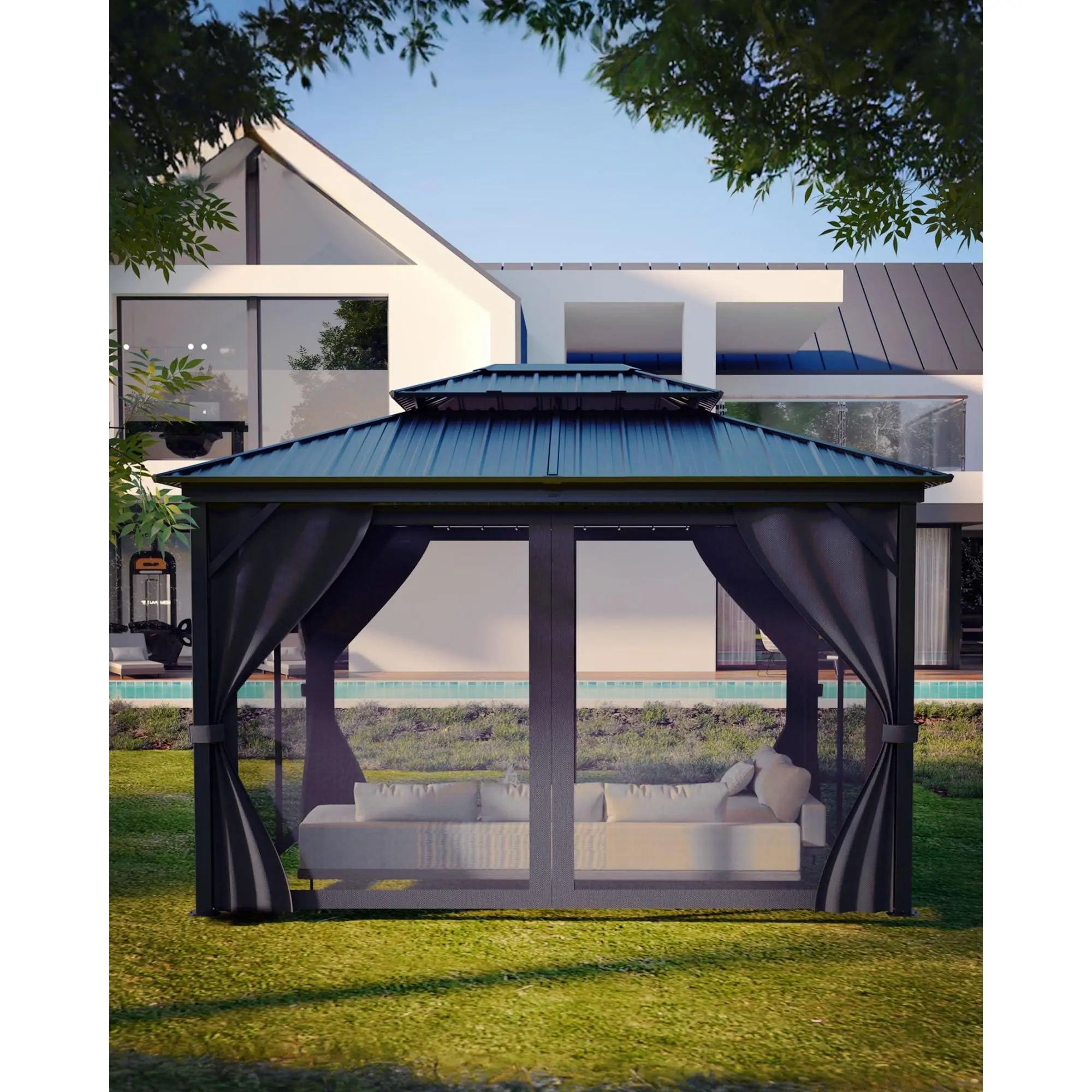 12x14 FT Hardtop Gazebo - Double Steel Roof & Aluminum Frame, Mosquito Netting & Curtains, Permanent Outdoor Pavilion