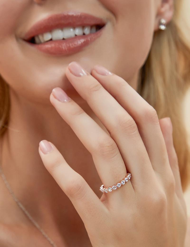 EAMTI 2mm 925 Sterling Silver Wedding Band Cubic Zirconia Full Eternity Stackable Engagement Ring