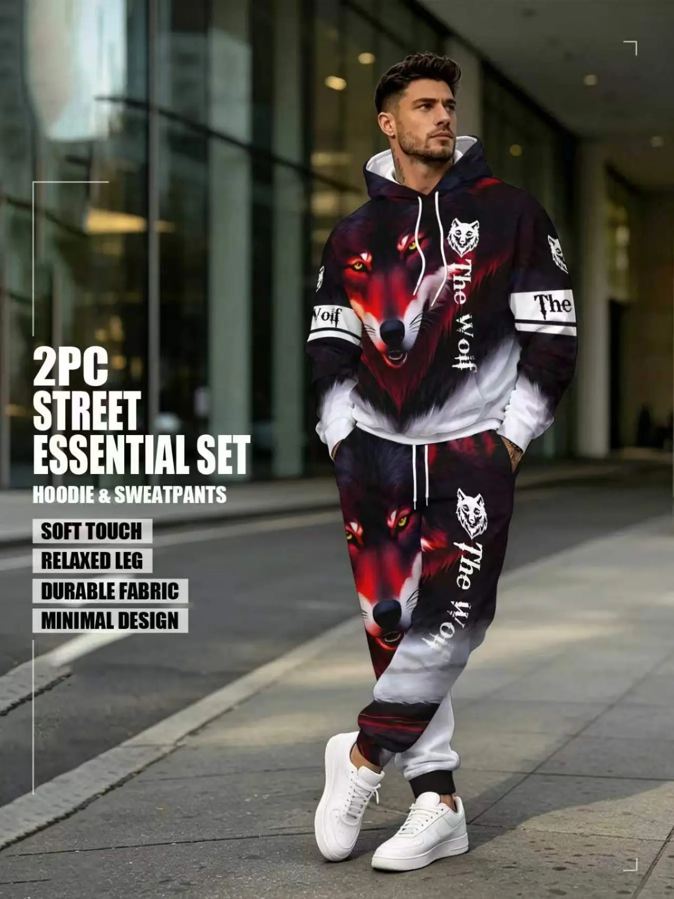 Men's Wolf Pattern Hoodie Set, Sporty Long Sleeve Casual Wear, Comfortable Fitted Design for Spring & Fall Seasons