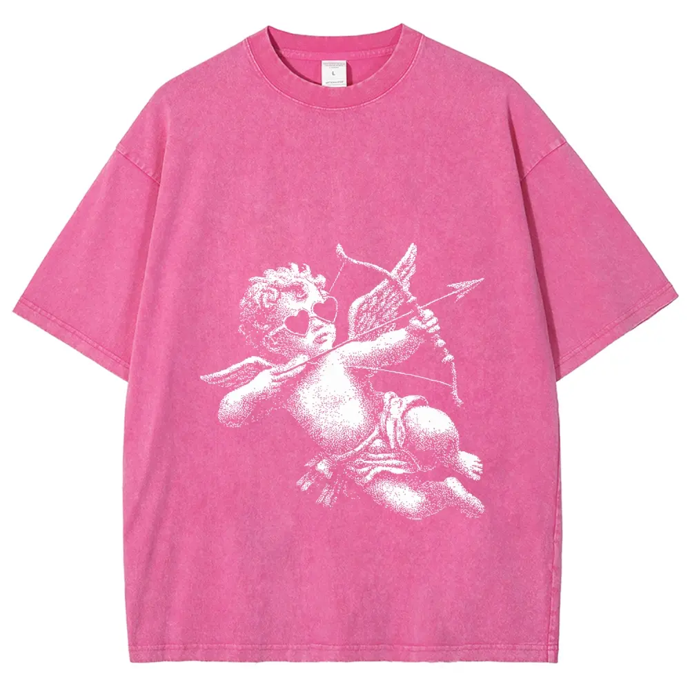 Unisex Cupid cherub with heart‑shaped sunglasses shooting arrows Graphic Washed T-Shirt Personalized Pattern Y2k Clothing Round Neck Washed T-Shirt,Women's Clothing 100% Cotton, Menswear, Top, Vintage Style,Summer Casual Oversized