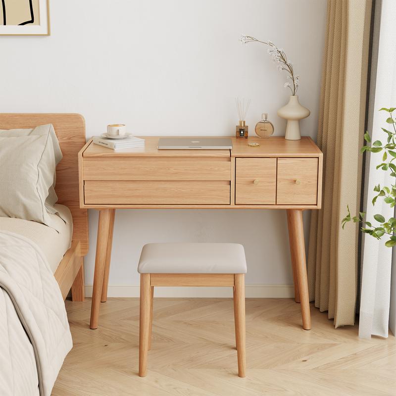 【Eco-Friendly】Elegant Handicraft Vanity, 100% Solid Wood - NO MDF, with Mirror and Lights, Dressing Vanity Table, Large Wooden Make Up Vanity Table for Bedroom (with Adapter)