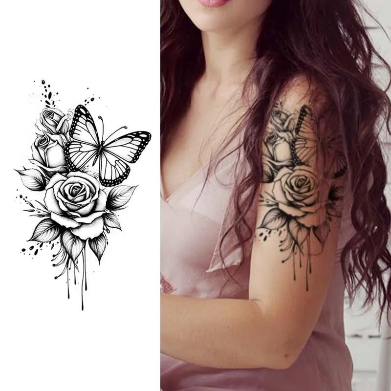 Butterfly and Rose Waterproof Temporary Tattoo, Long-Lasting Realistic Fake Tattoo for Men and Women, Arm and Leg Tattoos