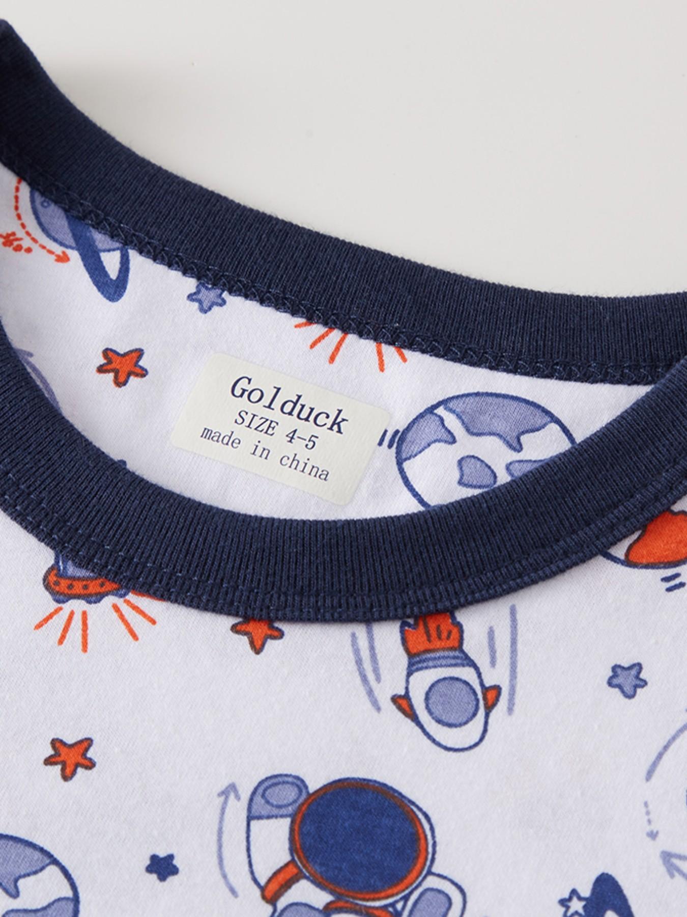 Boys' Cute Astronaut Space Print Pajama Set, Summer Breathable Soft Sleepwear, Short Sleeve Fitted Casual Pajamas