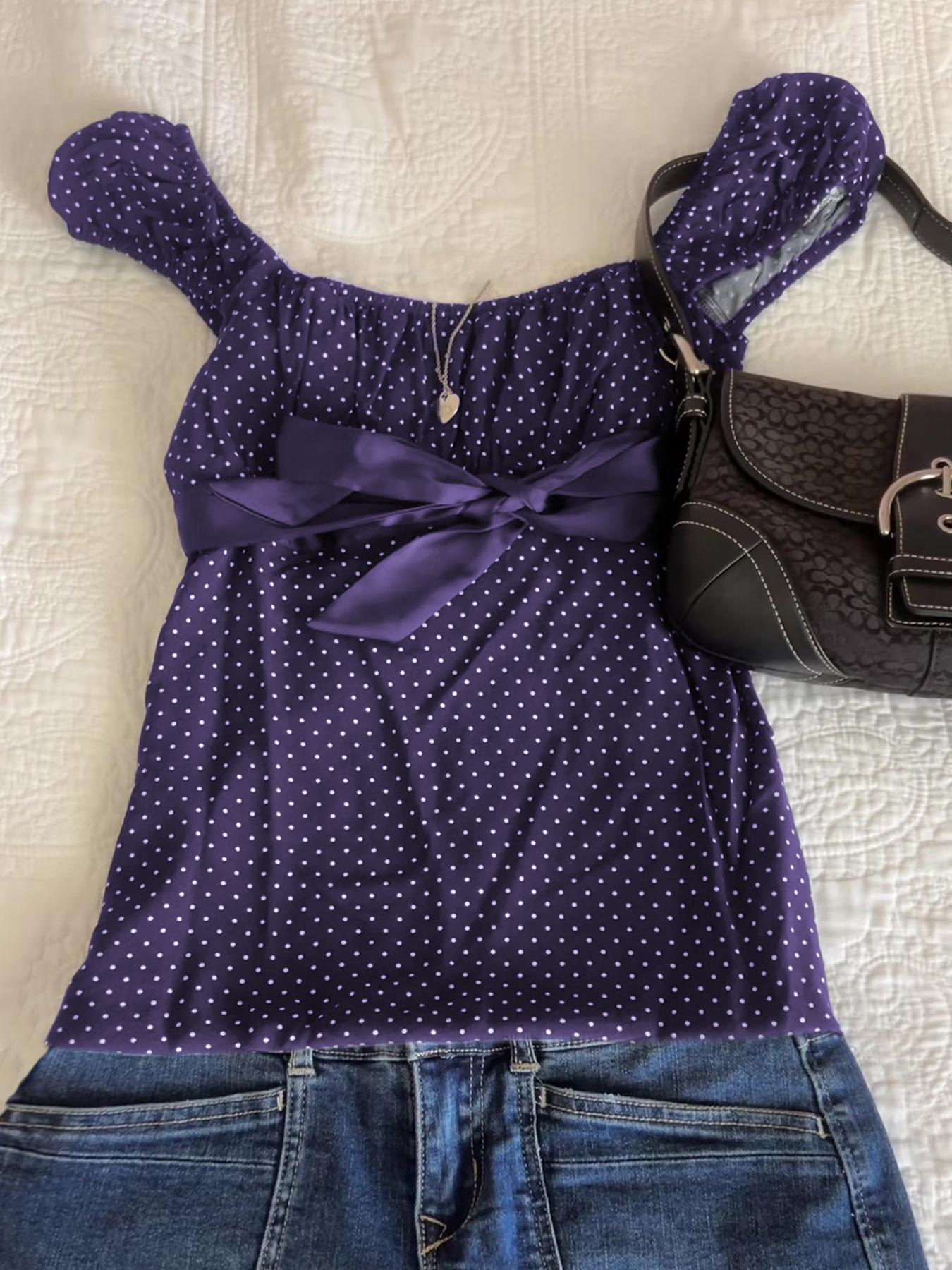 Polka Dot Square Neck Tie Top, French Vintage Style Slim Fit, Perfect for Daily and Dates, Women's Fashion