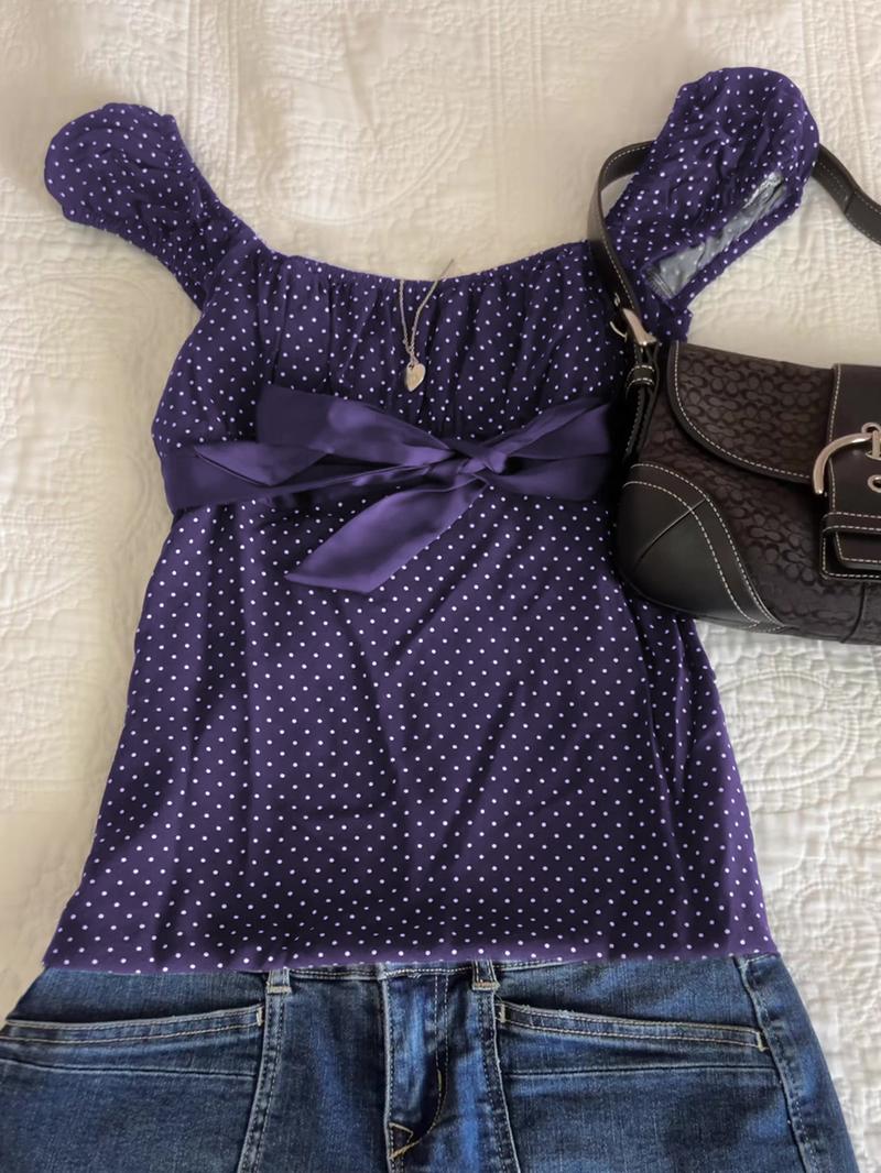 Polka Dot Square Neck Tie Top, French Vintage Style Slim Fit, Perfect for Daily and Dates, Women's Fashion Polka Dot Square Neck Tie Top, French Vintage Style Slim Fit, Perfect for Daily and Dates, Women's Fashion