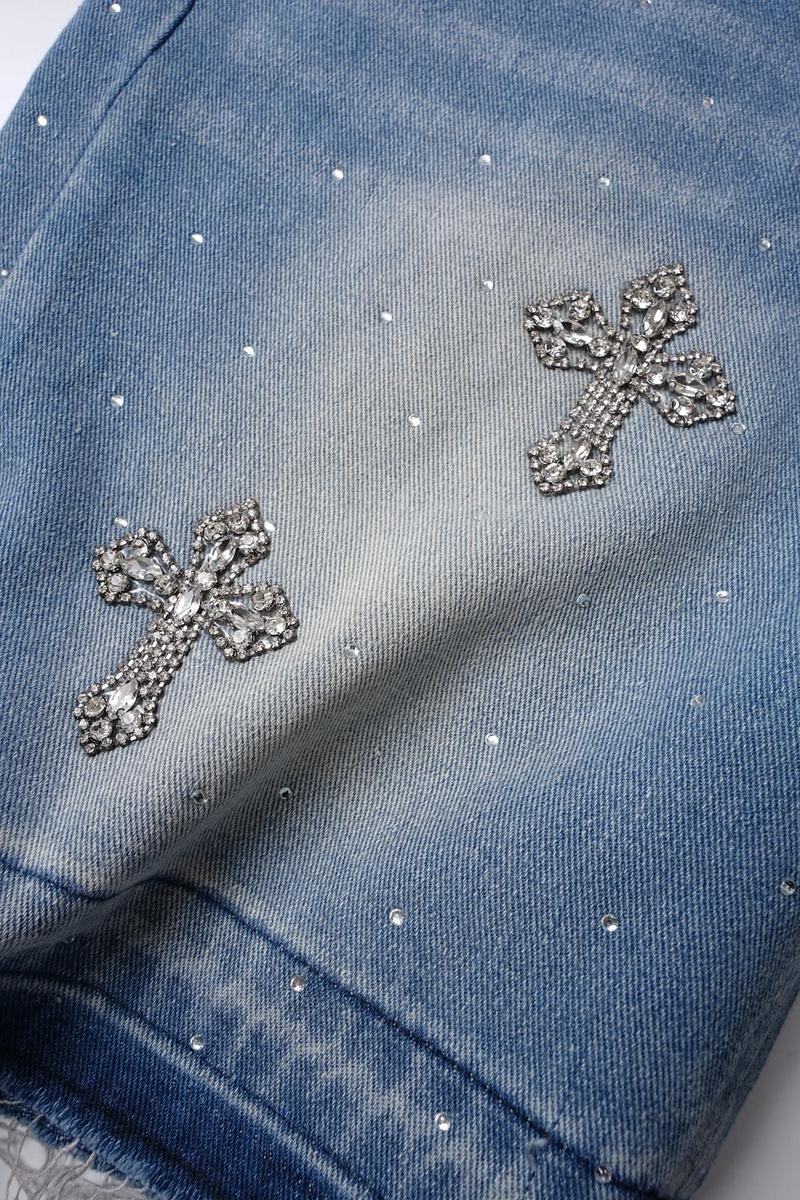 Sopula Studio Men's Hiphop Cross Hot Diamond Jorts Denim Shorts