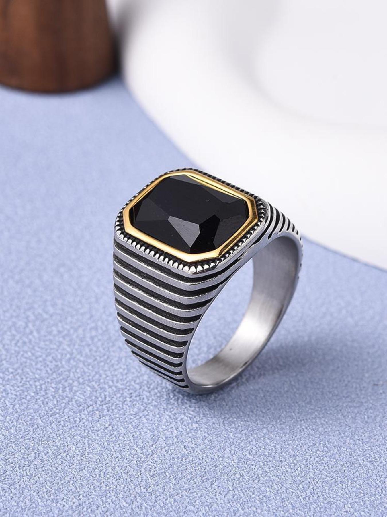 Men's Luxury Gemstone Ring, 18K Gold Plated Stainless Steel, Red Corundum Square Diamond with Strong Design Sense