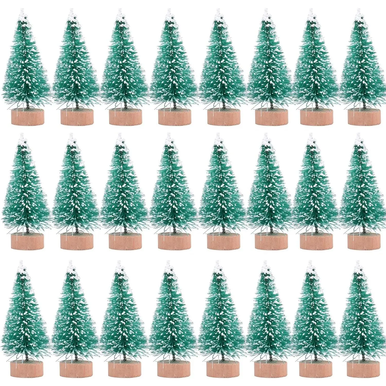 24 count Artificial Mini Christmas Sisal Snow Frost Trees with  Base Bottle Brush Trees Plastic Winter Snow Ornaments Tabletop Trees for Christmas Party  Decoration (Green)