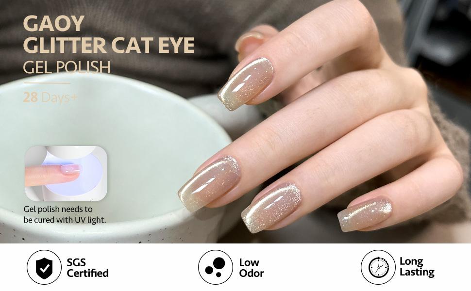 GAOY Sunlight Spilling Cat Eye Gel Nail Polish Set with Magnet, Sliver, Brown, Pink, Coral Holographic Cat Eye, Salon Gel Manicure and Nail Art DIY at Home
