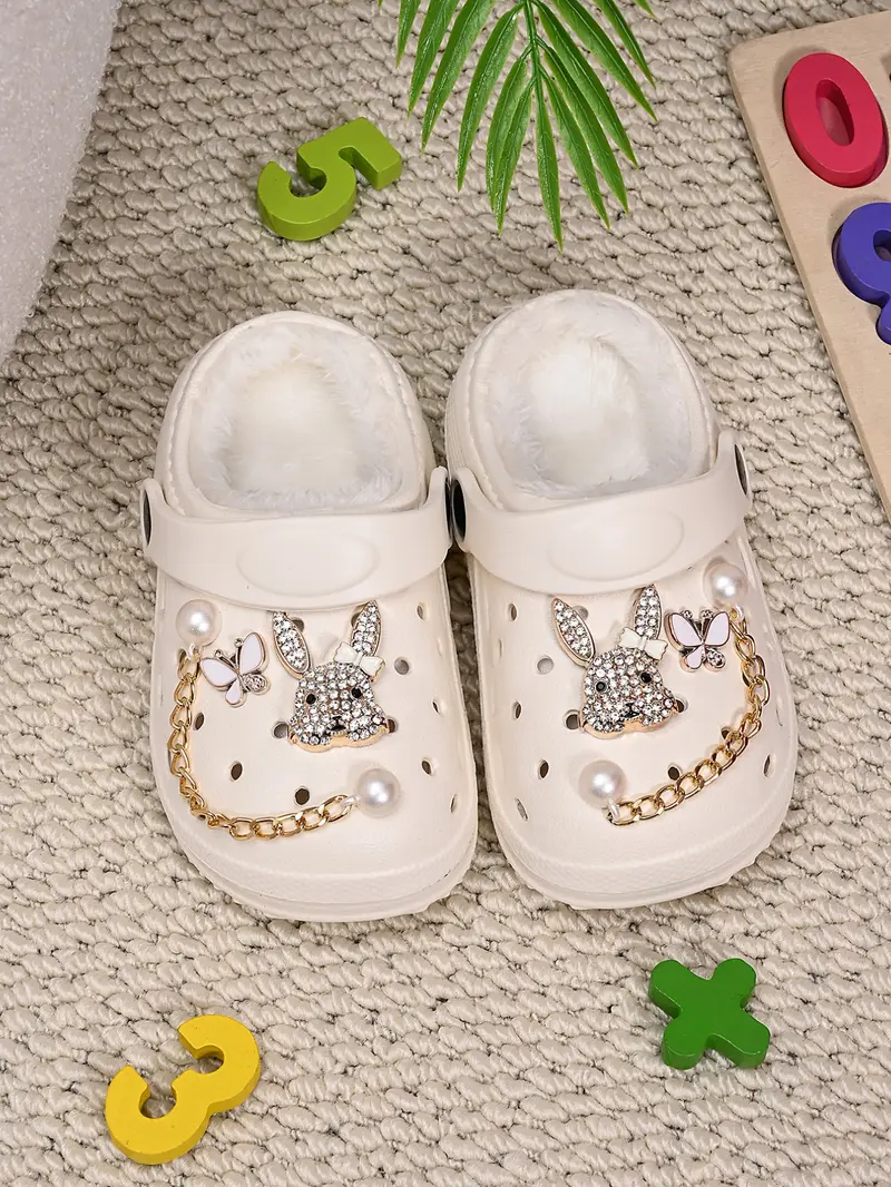 Water Drill Rabbit Butterfly Pearl Chain Fuzzy Warm Shoes, Girl Winter Anti-Slip Plush Toe Slippers, Casual Eva Material, Butterfly Pattern Slippers, Fuzzy House Slippers