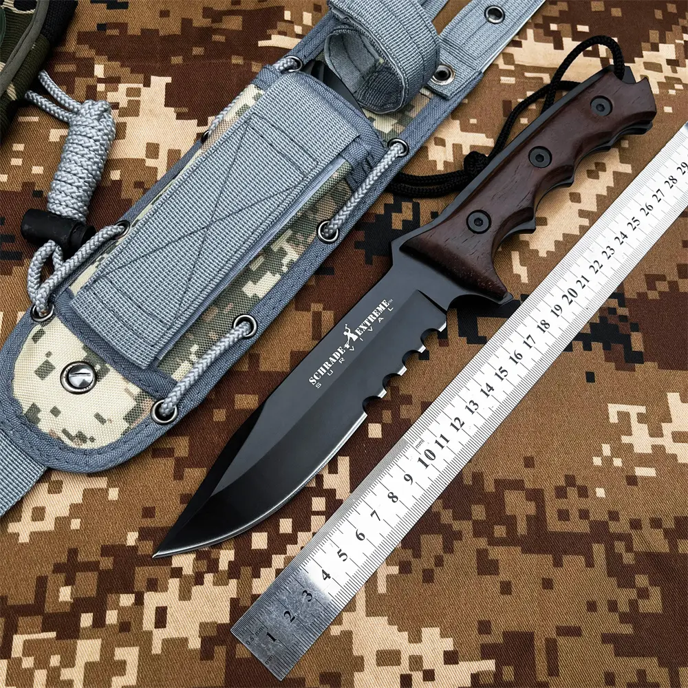 Outdoor multi-functional tactical survival straight knife, ergonomic chickenwood handle, high-hardness black-coated 7Cr13Mov blade, camouflage nylon sheath, suitable for jungle exploration, camping hiking, wilderness survival, Survival Gear