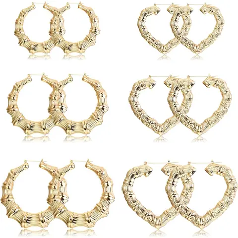 CASSIECA 6Pair High Quality Lightweight Hollow Casting Bamboo Earrings Set Oversized Various Shapes, Alternative Artistic Earring Stack, Fashion Rapper Accessories, Mother's Day Gift, High Quality Earrings, Lightweight Earring Sohochic
