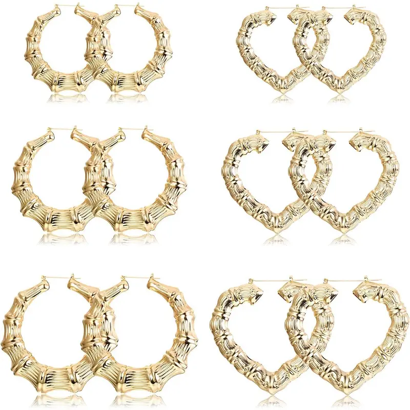 CASSIECA 6Pair High Quality Lightweight Hollow Casting Bamboo Earrings Set Oversized Various Shapes, Alternative Artistic Earring Stack, Fashion Rapper Accessories, Mother's Day Gift, High Quality Earrings, Lightweight Earring Sohochic