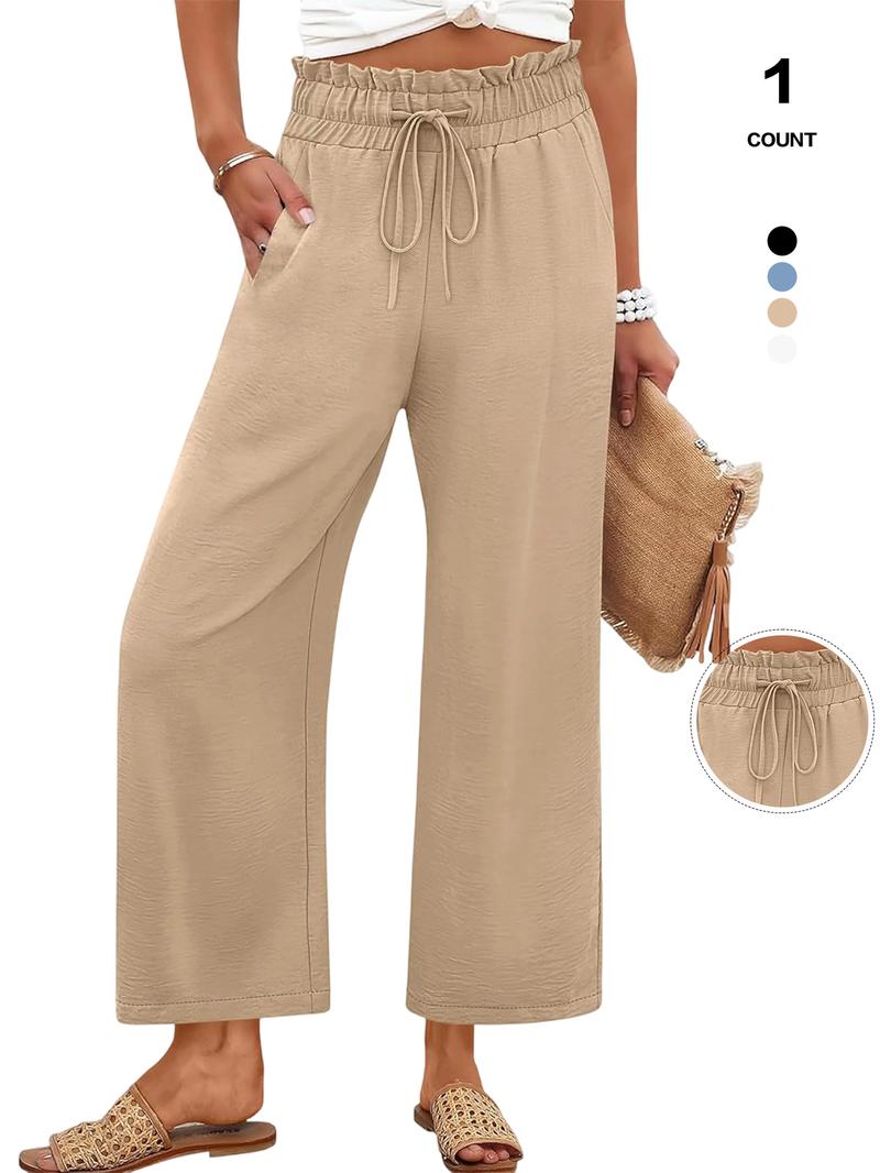 Women's Comfy Drawstring Casual Palazzo Pants, High Waist Cropped Lounge Trousers with Pockets, Fitted Organic Textile, All Seasons, Casual Fashion Trousers
