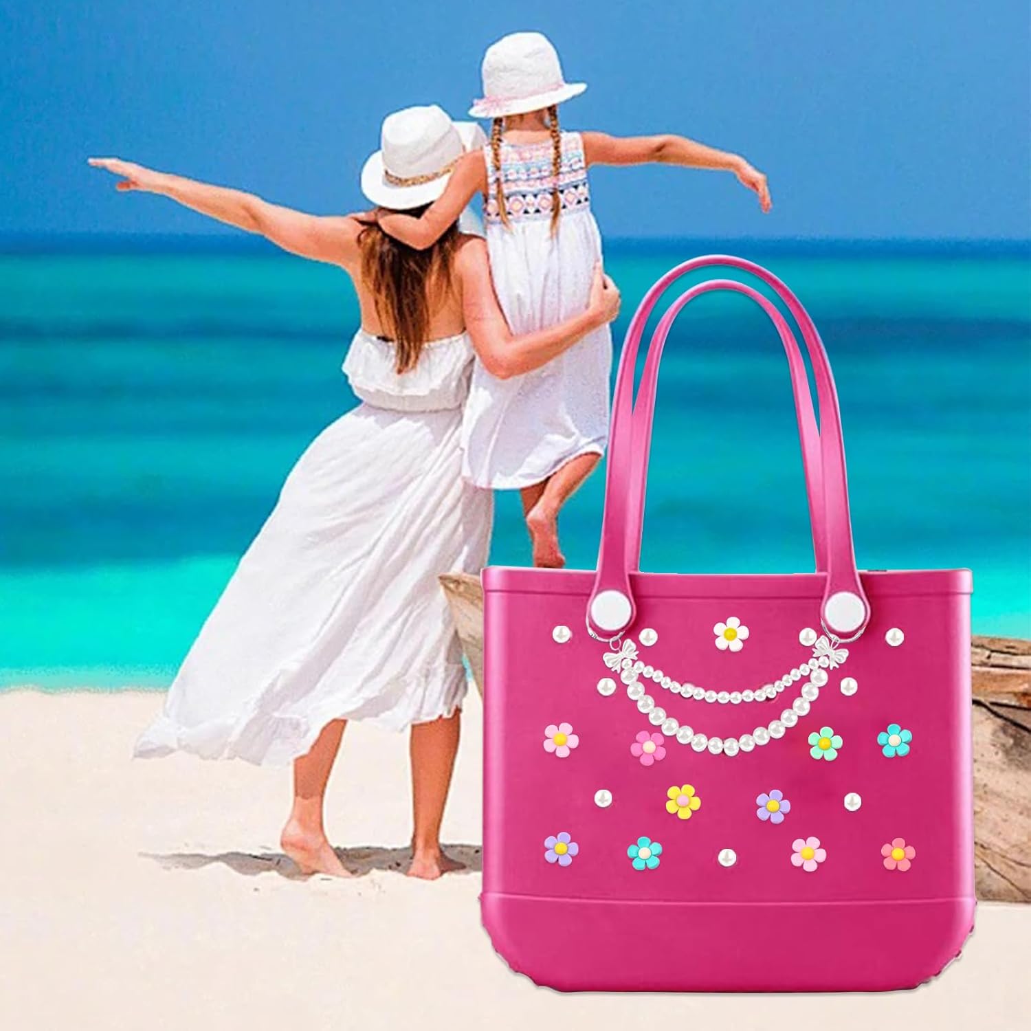 h-33  Charms for Bogg Bag, Pearls and Flowers for Bogg Bag Accessories Compatible with Simply Southern Beach Bag Tote, Insert for Rubber Beach Tote Accessories (25 Pcs)
