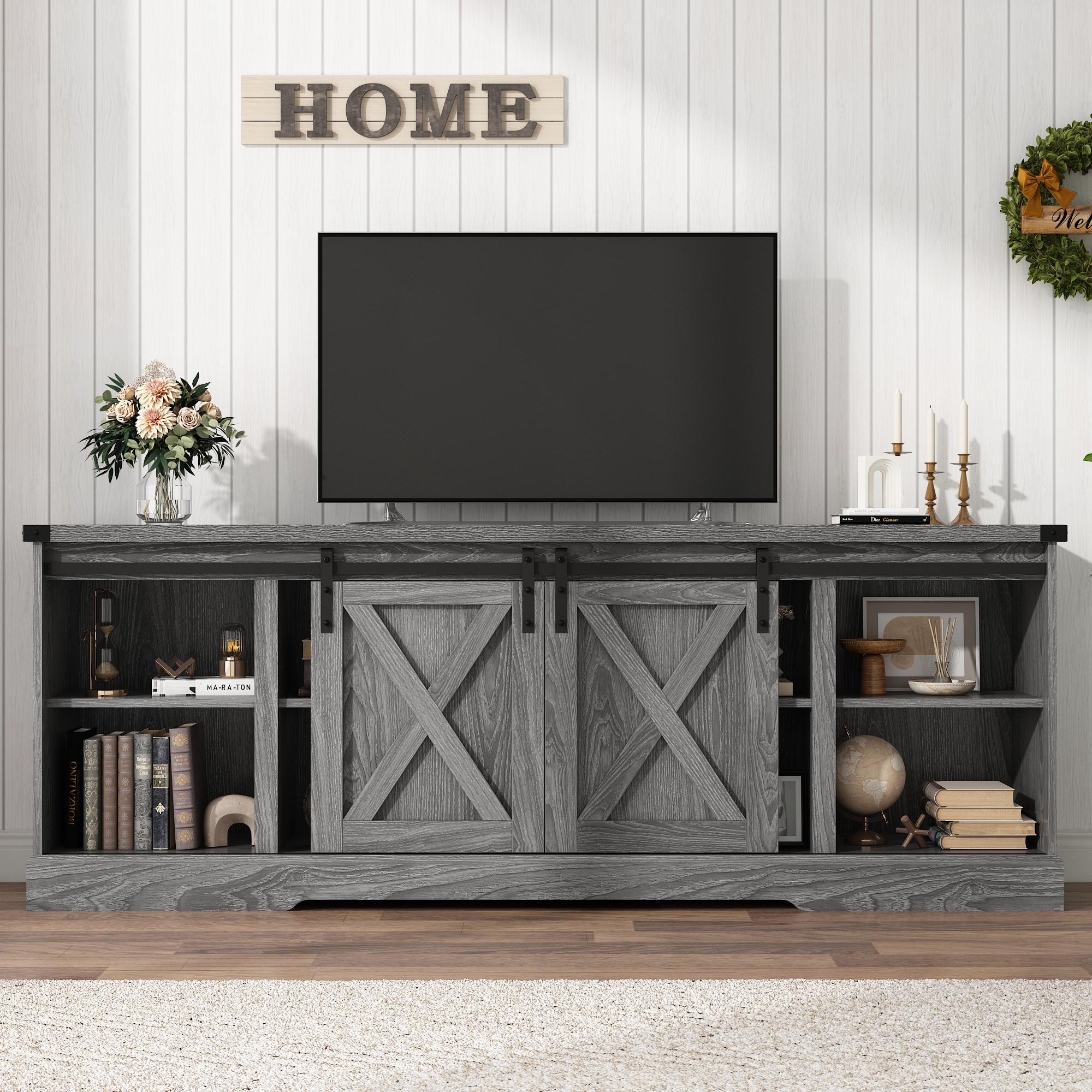 Farmhouse TV Stand for 70/75/80 Inch TV, 58/70 inch Entertainment Center Storage Cabinets with Sliding Barn Doors, Media Console Cabinet for Living Room, White/Grey/black
